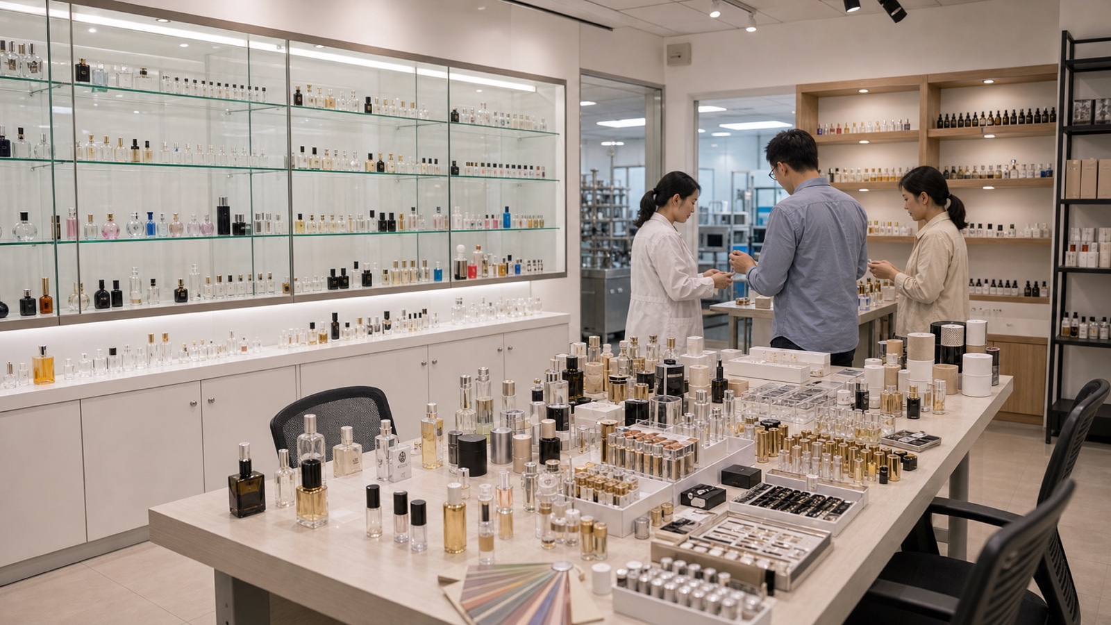 Perfume sample showroom for bottle packaging and fragrance development